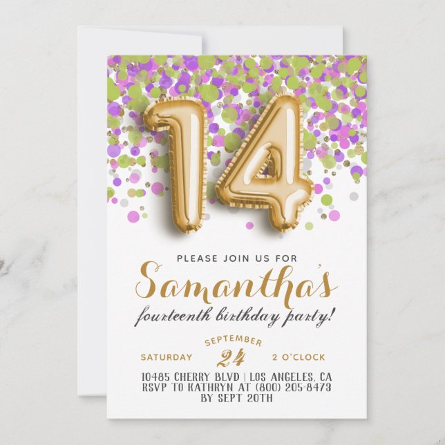 14. Geburtstag Confetti Einladung (Vorderseite)