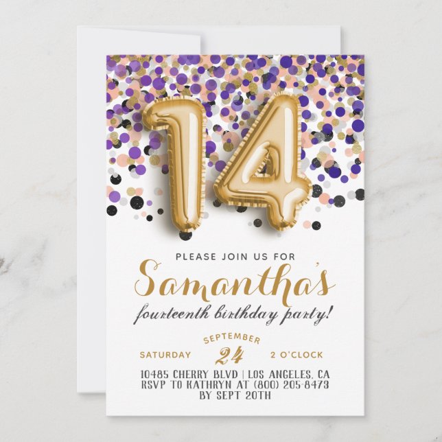 14. Geburtstag Confetti Einladung (Vorderseite)