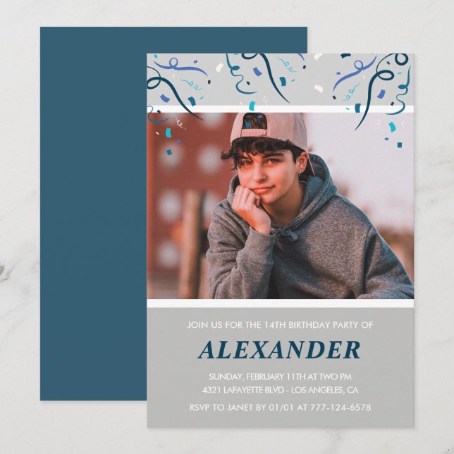 14. Geburtstag Einladung Junge Confetti Foto Blue (Vorne/Hinten)