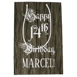 14. Geburtstag: Elegant, Faux-Holz-Look + Benutzer Mittlere Geschenktüte