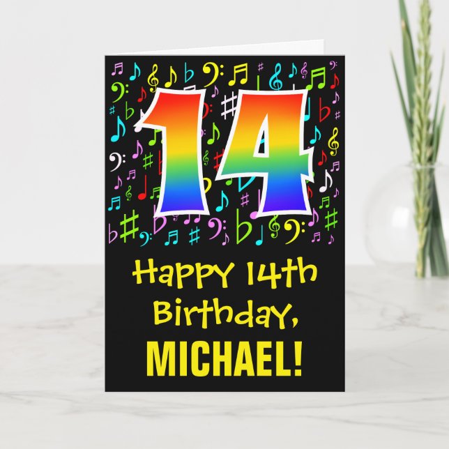 14. Geburtstag: Farbige Musiksymbole + Regenbogen  Karte (Vorderseite)