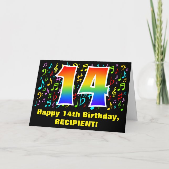 14. Geburtstag: Farbige Musiksymbole & Regenbogen  Karte (Vorderseite)