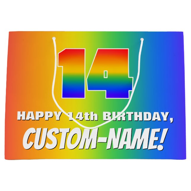 14. Geburtstag: Farbiges, lustiges Regenbogenmuste Große Geschenktüte (Vorderseite)