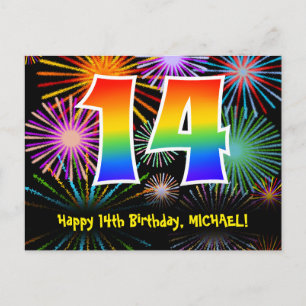 14. Geburtstag - Fun Fireworks Pattern + Regenboge Postkarte