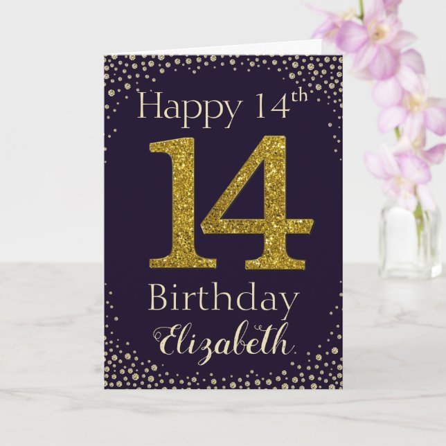 14. Geburtstag Goldener Glitzer Karte (Orchidee)