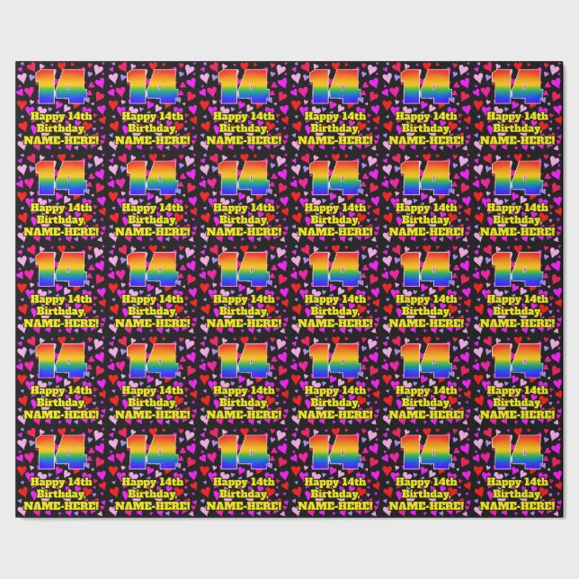 14. Geburtstag: Loving Hearts Pattern, Regenbogen  Geschenkpapier (Saum)