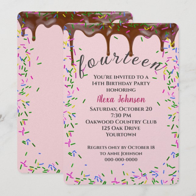14. Geburtstag mit Schokoladeneis und Sprinklen Einladung (Vorne/Hinten)