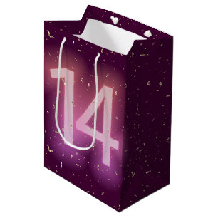 14. Geburtstag Neon-Schild mit goldenem Konfetti Mittlere Geschenktüte