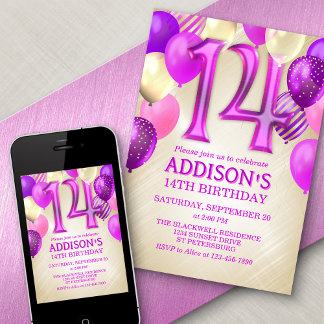 14. Geburtstag Pink Balloons Einladung