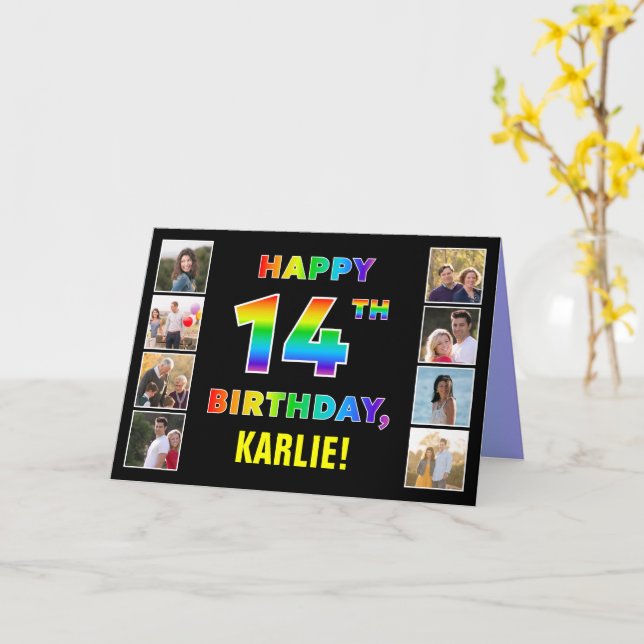 14. Geburtstag: Regenbogentext, benutzerdefinierte Karte (Gelbe Blume)