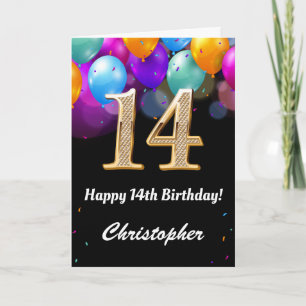 14. Geburtstag Schwarz und Gold farbige Ballons Karte