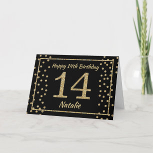 14. Geburtstag Schwarz und Gold Glitter Konfetti K Karte