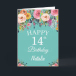 14. Geburtstag Wasserfarben Blume Aquamarin Karte<br><div class="desc">14. Geburtstag Wasserfarben Blume Aquamarine Karte mit personalisiertem Namen und Alter. Für weitere Anpassungen klicken Sie bitte auf die Schaltfläche "Anpassen" und verwenden Sie unser Designwerkzeug,  um diese Vorlage zu ändern.</div>