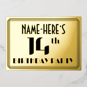 14. Geburtstagsfeier: Art Deco-Look „14“ und Name Folieneinladung
