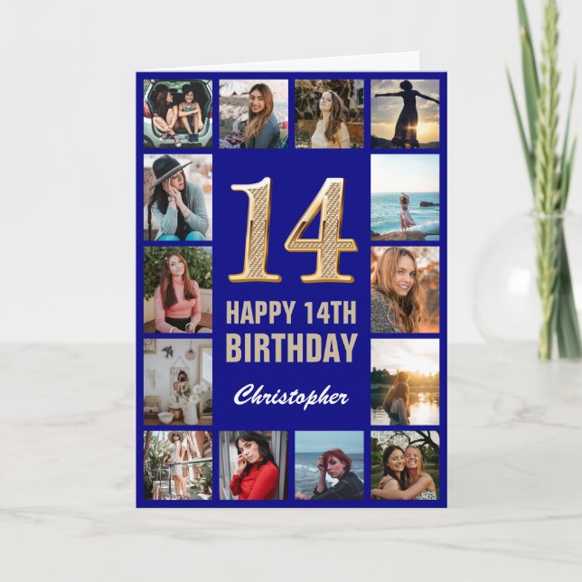 14. Happy Birthday Navy Blue & Gold Foto Collage Karte (Vorderseite)