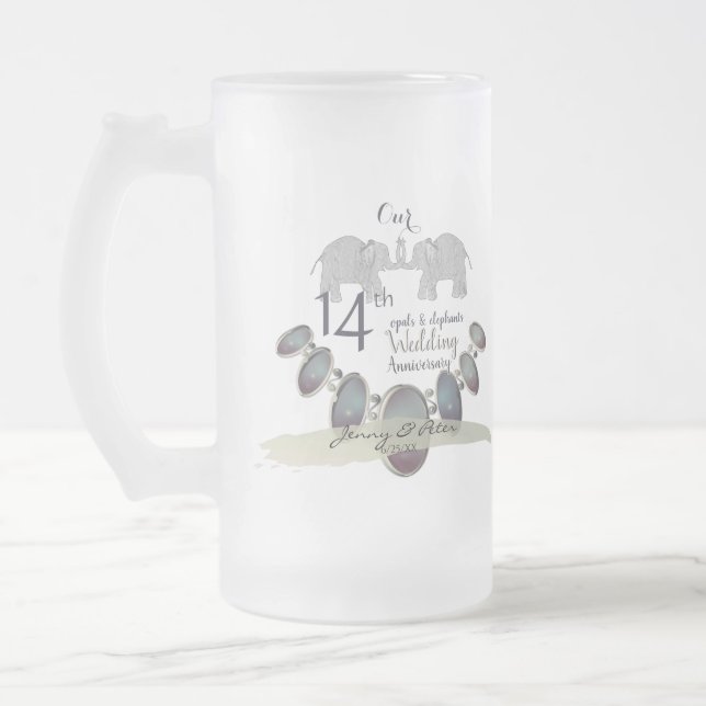14. Hochzeit-Jubiläum-Elefanten und Opale Mattglas Bierglas (Links)