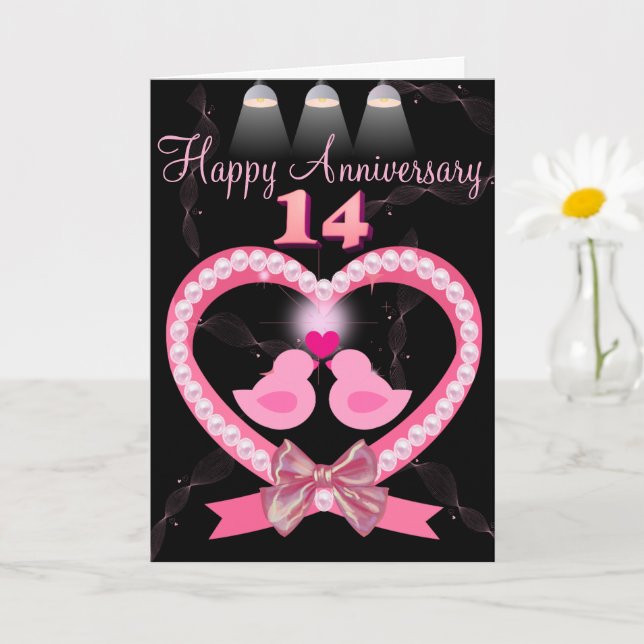 14. Hochzeit Jubiläum Rosa Herzlove Vögel Karte (Kleine Pflanze)