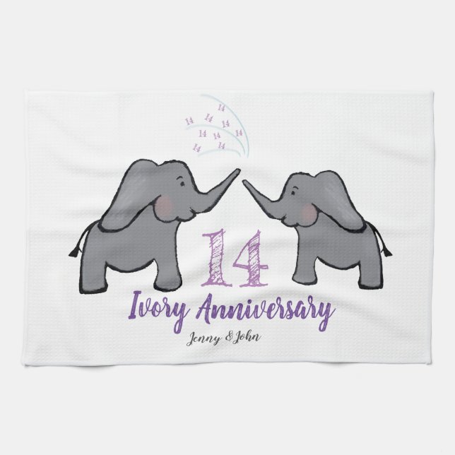 14. Hochzeitstag für Elfenbein niedlicher Elefant Geschirrtuch (Horizontal)