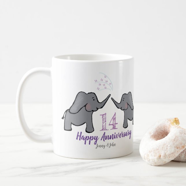 14. Hochzeitstag für Elfenbein niedlicher Elefant Kaffeetasse (Mit Donut)