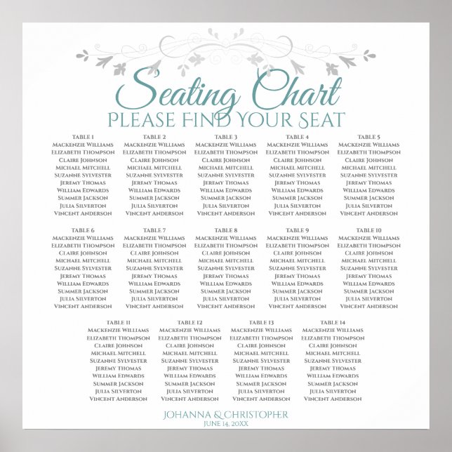 14 Tabelle Aquamarin & grau Hochzeitstabelle Poster (Vorne)