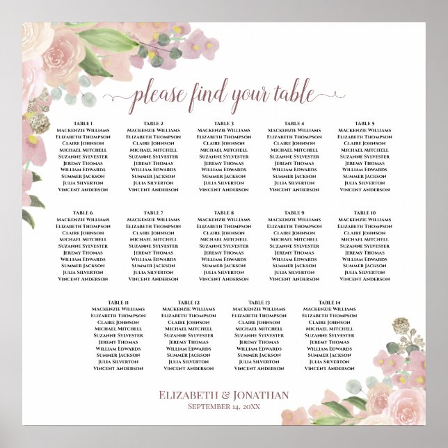 14 Tabelle Elegant Rosa Blumenkarte Poster (Vorne)