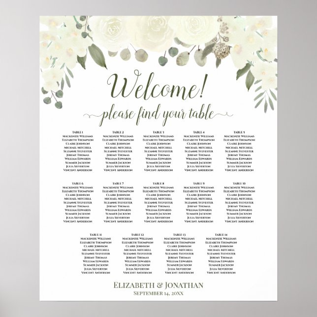 14 Tabelle Elfenbeinweiße Hochzeitskarte Poster (Vorne)