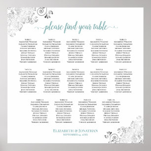14 Tabelle Frily Wedding Seating Chart Weiß & Aqua Poster
