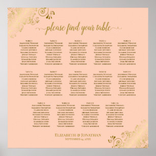 14 Tabelle Korallenpfirsich & Gold Hochzeitskarte Poster