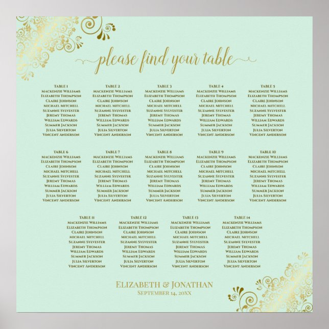 14 Tabelle Minze Grün & Gold Hochzeitskarte Poster (Vorne)
