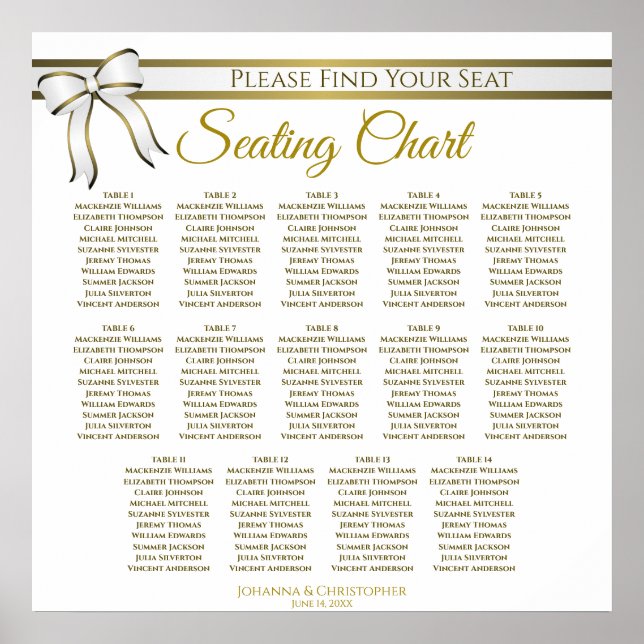 14 Tabelle White & Gold Ribbon Hochzeitstabelle Poster (Vorne)