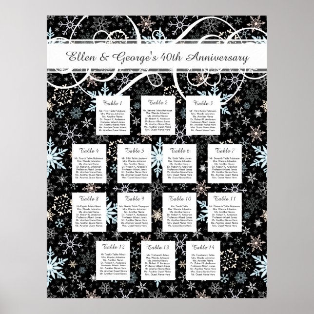 14 Tabelle Winter Hochzeitssnowflake Seekarte Poster (Vorne)