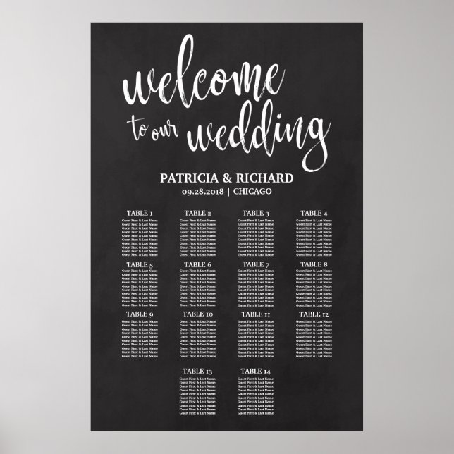 14 Tische Hochzeits-Sitzplan-Schild Tafel Poster (Vorne)