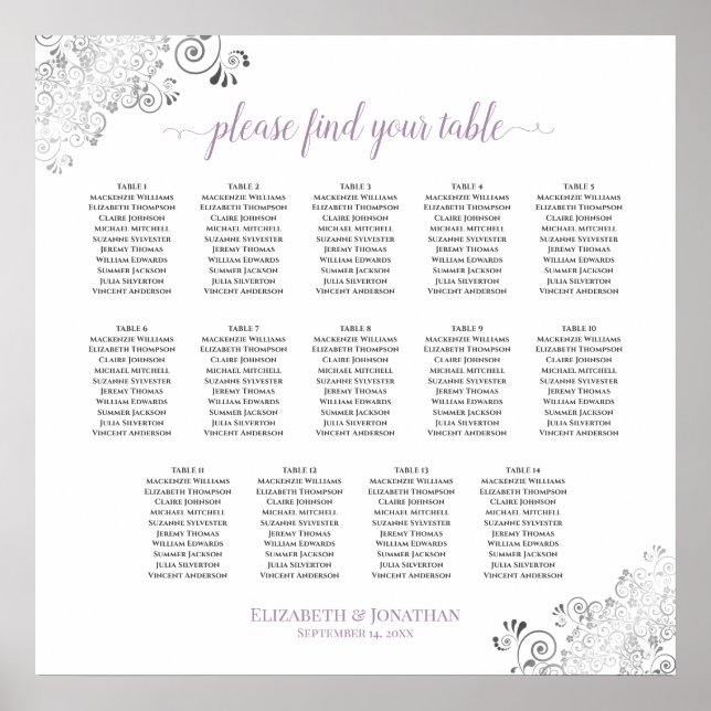 14 Tischlacy Hochzeitstisch, weißer Lavendel Poster (Vorne)