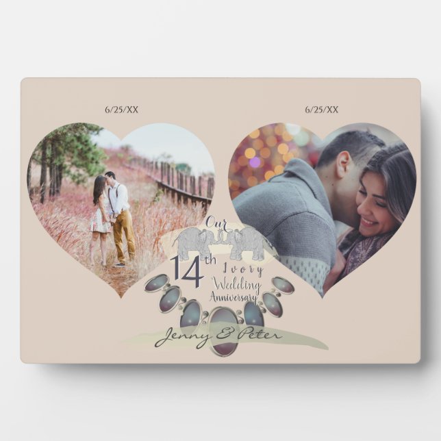 14e anniversaire du Mariage 2 photos Plaque Coeurs (Devant)