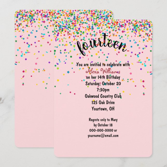 14e anniversaire Fête confetti Invitation (Devant / Derrière)