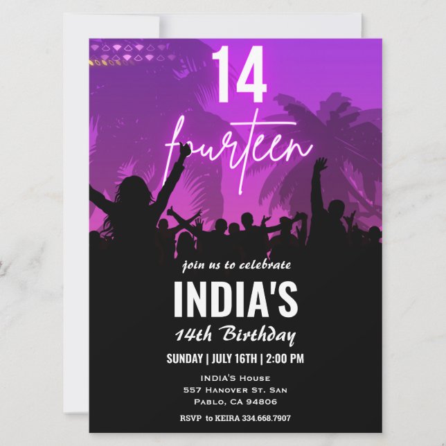 14e anniversaire fête Pink Neon Invitation (Devant)