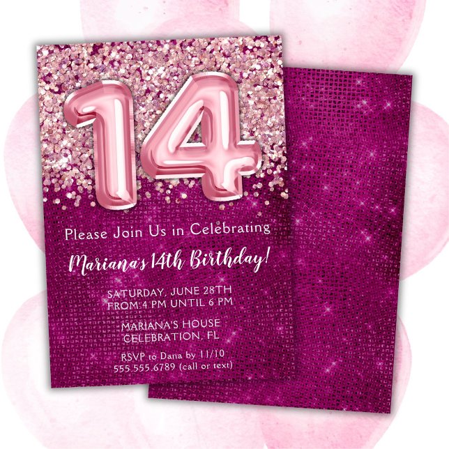 14e anniversaire Invitation Girl Magenta Parties s (Créateur téléchargé)