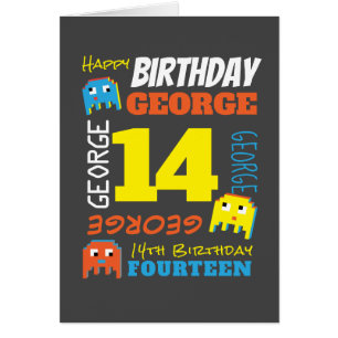 14e anniversaire nom personnalisé jaune bleu pixel