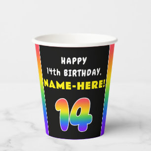 14th Birthday: Colorful Rainbow # 14, Custom Name Pappbecher