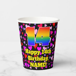 14th Birthday: Loving Hearts Pattern, Rainbow 14 Pappbecher