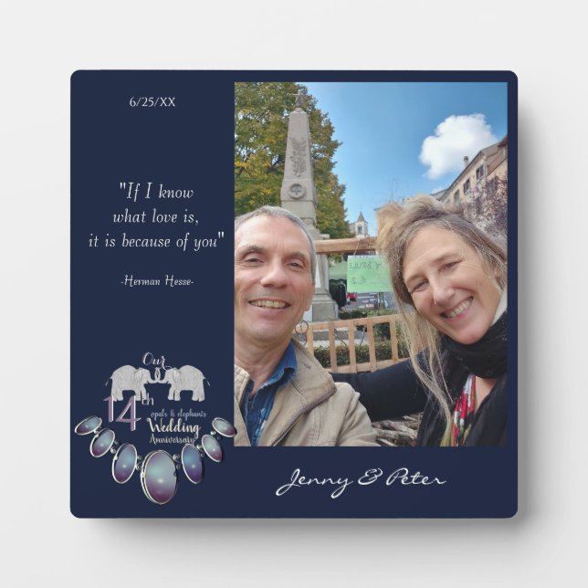 14th Wedding Anniversary Opals&Elephants + Foto Fotoplatte (Vorderseite)