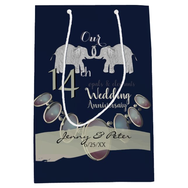 14th Wedding Anniversary Opals & Elephants Navy Mittlere Geschenktüte (Vorderseite)