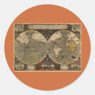 1595 Historische Weltkarte von Jodocus Hondius Runder Aufkleber