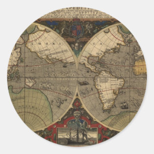 1595 Historische Weltkarte von Jodocus Hondius Runder Aufkleber