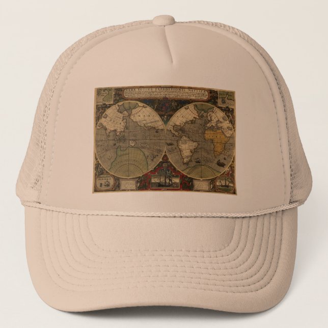 1595 Vintage Weltkarte durch Jodocus Hondius Truckerkappe (Vorderseite)
