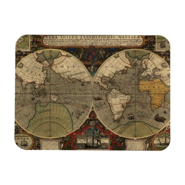 1595 Vintage Weltkarte von Jodocus Hondius Magnet (Horizontal)