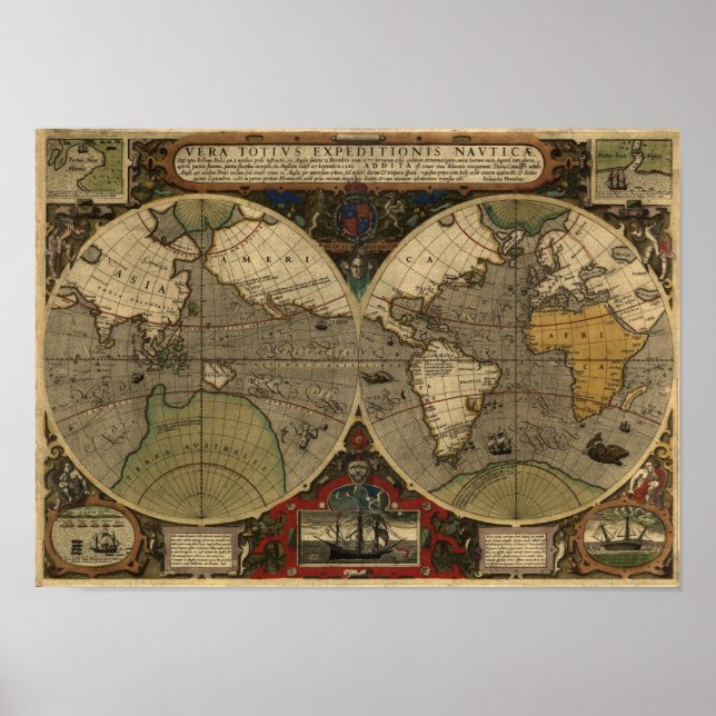 1595 Vintage Weltkarte von Jodocus Hondius Poster (Vorne)