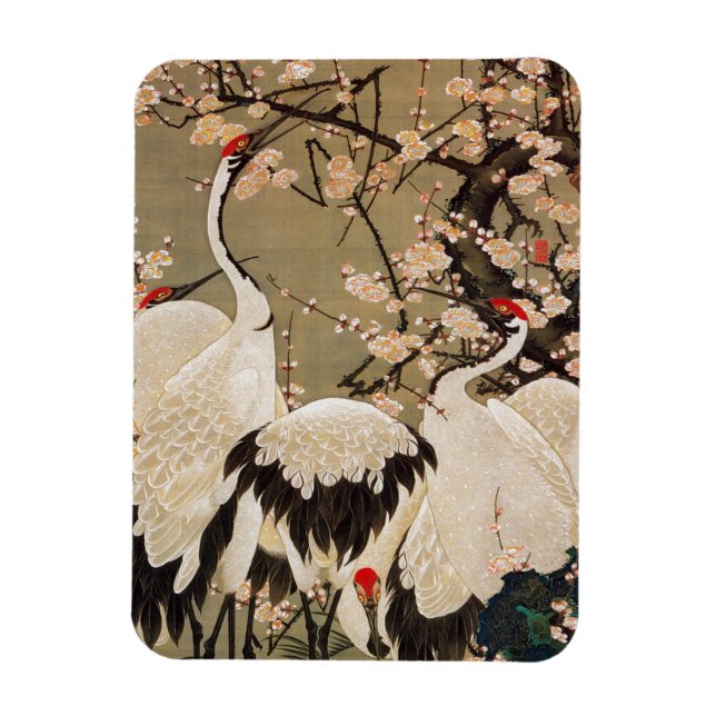 15. 梅花群鶴図, 若冲 Plum Blossoms & Cranes, Jakuchū Magnet (Vertikal)