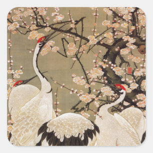 15. 梅 花 群 図, 若 冲 Pflaumenblüten & Krane, Jakuchū Quadratischer Aufkleber