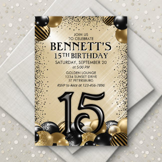15. Balloons Black Gold Geburtstag Einladung